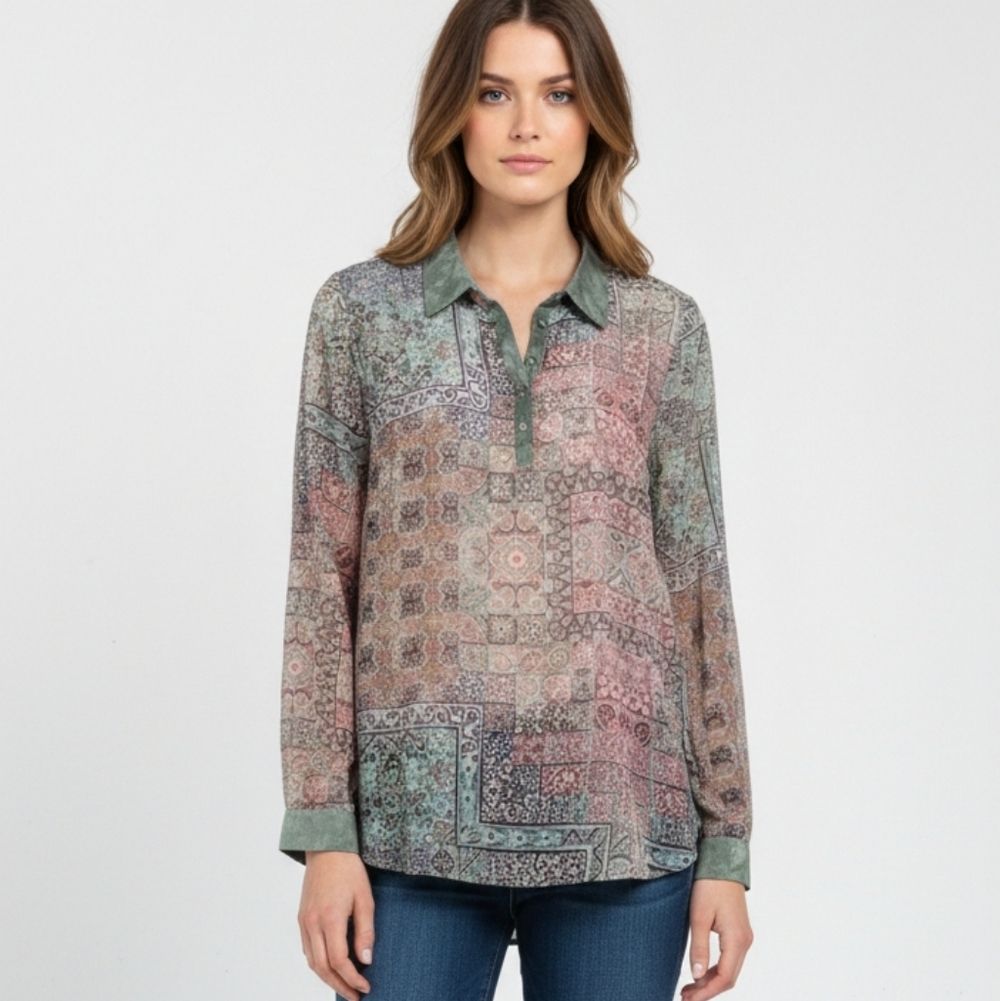 Smash! Green Pink Boho Sheer Tunic Blouse Roll Tab Hi-Low L